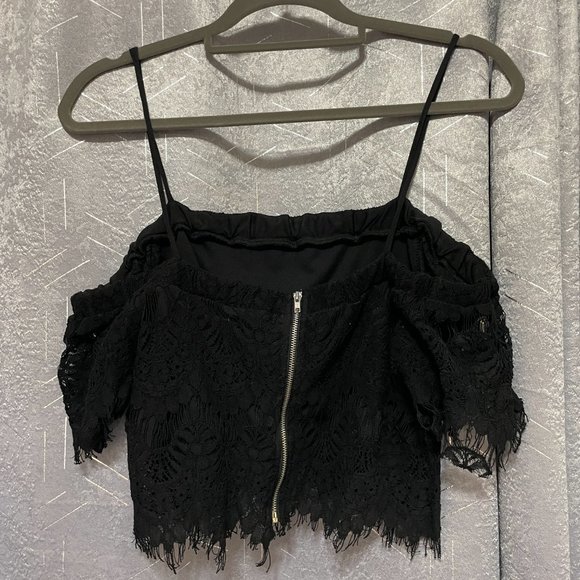 REVAMPED Black Lace Off-the-Shoulder Crop Top w Straps, Semi Sheer - Sz Medium - Picture 3 of 7
